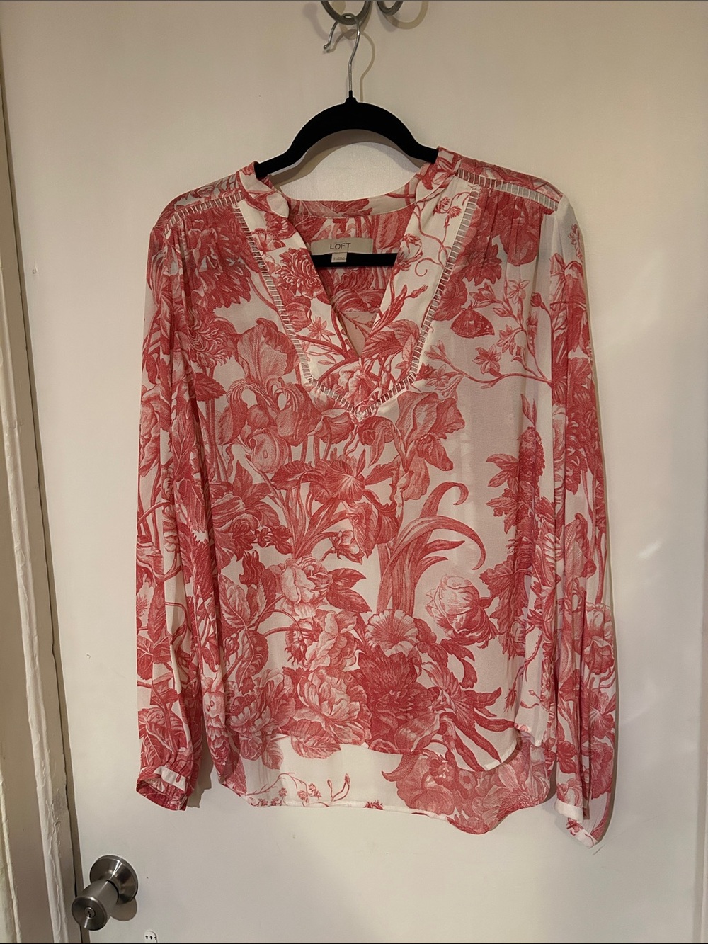 LOFT Coral Floral V-Neck Long Sleeve Blouse